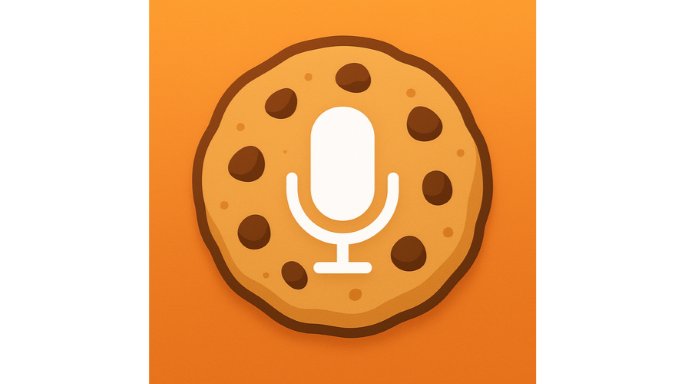The logo for the Cookie Voice Recipes app.  It looks like a stylized chocolate chip cookie with a dark brown outline and a white stylized microphone in the center.  This is all on an orange background that coordinates nicely with the shade of the cookie.